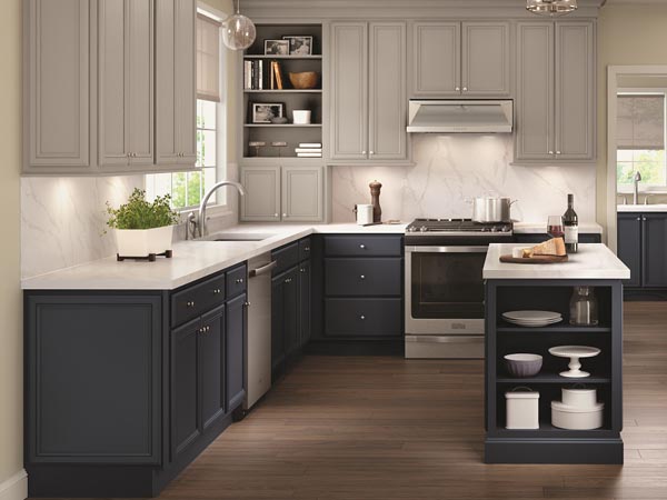 Modern, gray kitchen design featuring cabinets from Merillat and design by Seiffert Kitchen & Bath